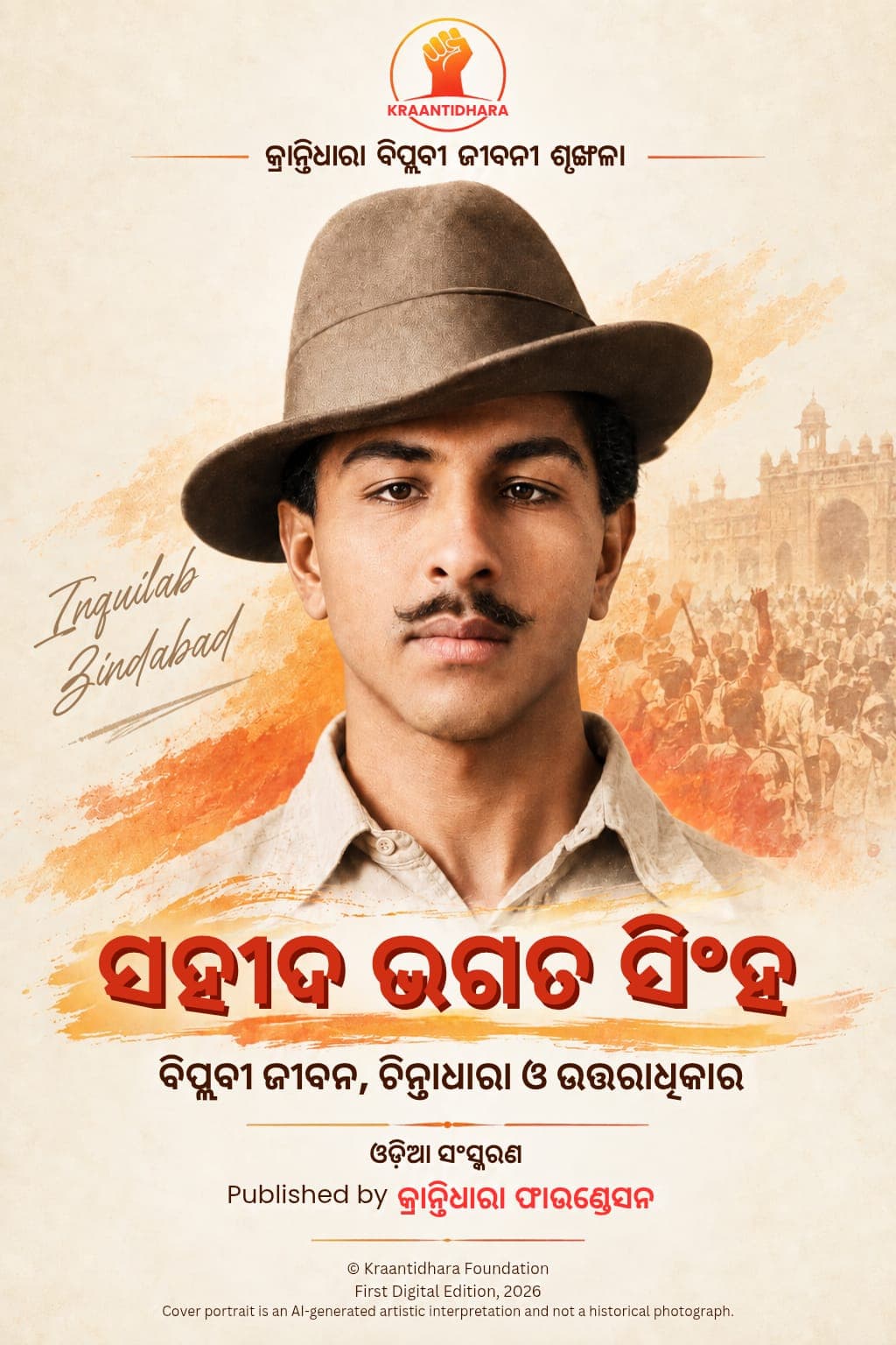 Odia edition cover of Shaheed-e-Azam Bhagat Singh, featuring an AI-generated artistic portrait