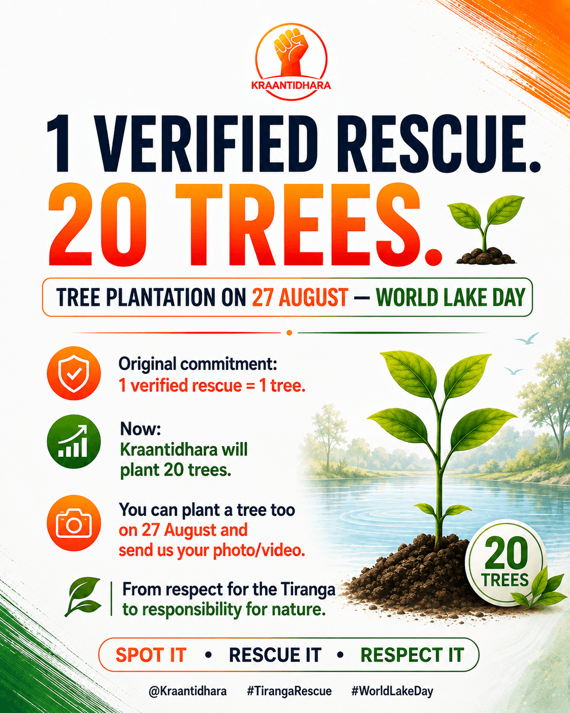 Earlier campaign commitment graphic connecting one verified rescue to a 20-tree commitment